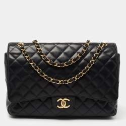 Pre Owned Chanel Black Quilted Caviar Leather Maxi Classic Double Flap Bag