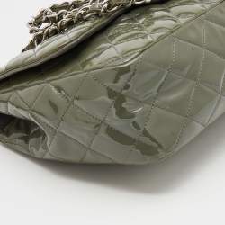Pre Owned Chanel Olive Green Patent Leather Jumbo Classic Single Flap Bag