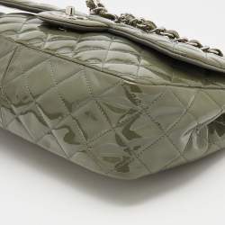 Pre Owned Chanel Olive Green Patent Leather Jumbo Classic Single Flap Bag