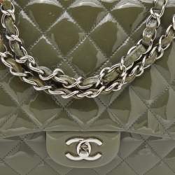 Pre Owned Chanel Olive Green Patent Leather Jumbo Classic Single Flap Bag