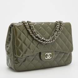 Pre Owned Chanel Olive Green Patent Leather Jumbo Classic Single Flap Bag