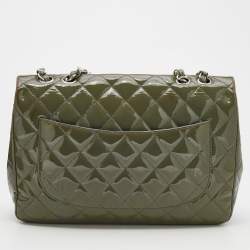 Pre Owned Chanel Olive Green Patent Leather Jumbo Classic Single Flap Bag