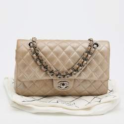 Pre Owned Chanel Iridescent Beige Quilted Caviar Leather Medium Classic Double Flap Bag