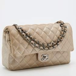 Pre Owned Chanel Iridescent Beige Quilted Caviar Leather Medium Classic Double Flap Bag
