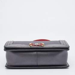 Pre Owned Chanel Grey Cube Embossed Leather Medium Boy Flap Bag