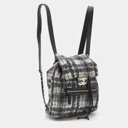 Pre Owned Chanel White/Black Tweed Print Nylon Medium Drawstring Backpack