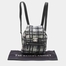 Pre Owned Chanel White/Black Tweed Print Nylon Medium Drawstring Backpack