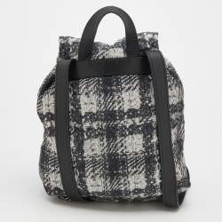 Pre Owned Chanel White/Black Tweed Print Nylon Medium Drawstring Backpack
