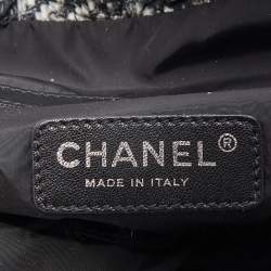Pre Owned Chanel White/Black Tweed Print Nylon Medium Drawstring Backpack