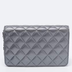 Pre Owned Chanel Grey/Black Quilted Leather CC Wallet on Chain