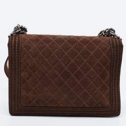 Pre Owned Chanel Brown Quilted Suede Large Boy Bag