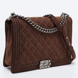 Pre Owned Chanel Brown Quilted Suede Large Boy Bag