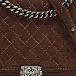 Pre Owned Chanel Brown Quilted Suede Large Boy Bag