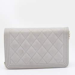 Chanel Grey Quilted Caviar Leather Boy Wallet On Chain