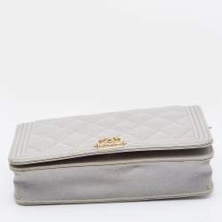 Chanel Grey Quilted Caviar Leather Boy Wallet On Chain