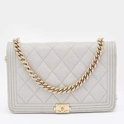 Chanel Grey Quilted Caviar Leather Boy Wallet On Chain