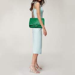 Pre Owned Chanel Green Chevron Leather Jumbo Classic Single Flap Bag
