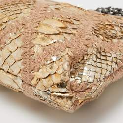Pre Owned Chanel Gold/Beige Quilted Crochet and Python Chain Pochette