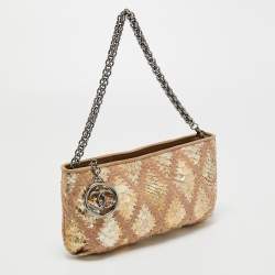 Pre Owned Chanel Gold/Beige Quilted Crochet and Python Chain Pochette