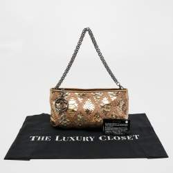 Pre Owned Chanel Gold/Beige Quilted Crochet and Python Chain Pochette