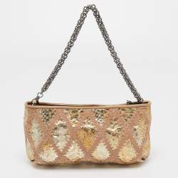 Pre Owned Chanel Gold/Beige Quilted Crochet and Python Chain Pochette