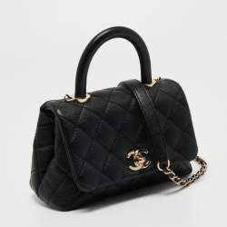 Pre Owned Chanel Black Quilted Caviar Leather Extra Mini Coco Top Handle Bag