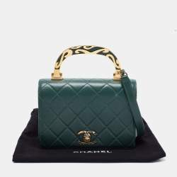 Pre Owned Chanel Green Quilted Leather Enamel Top Handle Bag