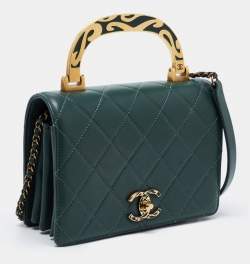 Pre Owned Chanel Green Quilted Leather Enamel Top Handle Bag