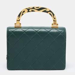 Pre Owned Chanel Green Quilted Leather Enamel Top Handle Bag