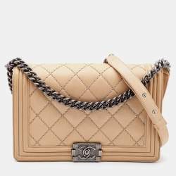 Pre Owned Chanel Beige Quilted Leather New Medium Wild Stitch Boy Bag