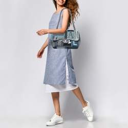 Pre Owned Chanel Blue Denim and Tweed Patchwork Jumbo Single Flap Bag