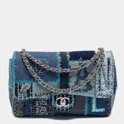 Pre Owned Chanel Blue Denim and Tweed Patchwork Jumbo Single Flap Bag