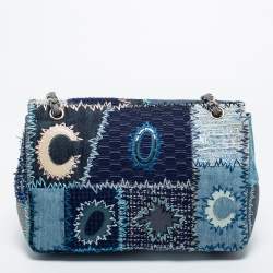 Pre Owned Chanel Blue Denim and Tweed Patchwork Jumbo Single Flap Bag