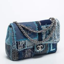 Pre Owned Chanel Blue Denim and Tweed Patchwork Jumbo Single Flap Bag
