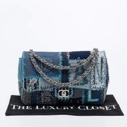 Pre Owned Chanel Blue Denim and Tweed Patchwork Jumbo Single Flap Bag