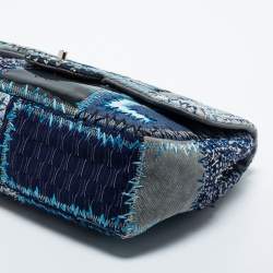 Pre Owned Chanel Blue Denim and Tweed Patchwork Jumbo Single Flap Bag