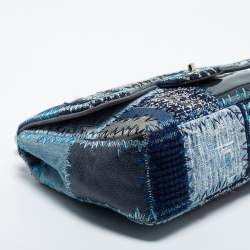 Pre Owned Chanel Blue Denim and Tweed Patchwork Jumbo Single Flap Bag