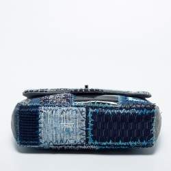 Pre Owned Chanel Blue Denim and Tweed Patchwork Jumbo Single Flap Bag