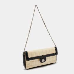 Pre Owned Chanel Black/ Off White Quilted Patent Leather CC East West Chocolate Bar Flap Bag 