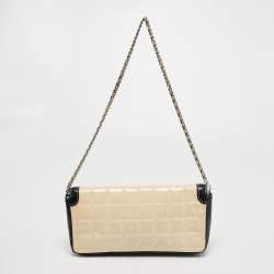 Pre Owned Chanel Black/ Off White Quilted Patent Leather CC East West Chocolate Bar Flap Bag 