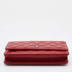 Pre Owned Chanel Red Quilted Caviar Leather Classic Wallet on Chain
