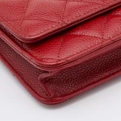 Pre Owned Chanel Red Quilted Caviar Leather Classic Wallet on Chain