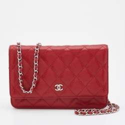 Pre Owned Chanel Red Quilted Caviar Leather Classic Wallet on Chain