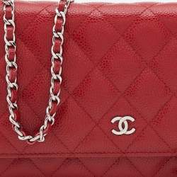 Pre Owned Chanel Red Quilted Caviar Leather Classic Wallet on Chain