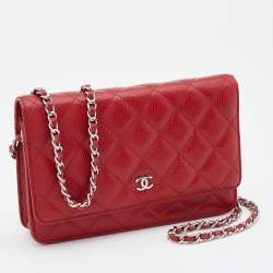 Pre Owned Chanel Red Quilted Caviar Leather Classic Wallet on Chain