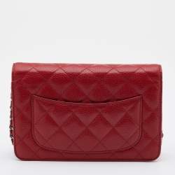 Pre Owned Chanel Red Quilted Caviar Leather Classic Wallet on Chain