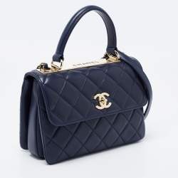 Pre Owned Chanel Navy Blue Quilted Lambskin Leather Small Trendy CC Flap Top Handle Bag