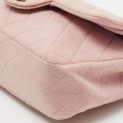 Pre Owned Chanel Light Pink Quilted Jersey Medium Classic Double Flap Bag