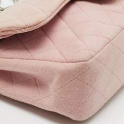 Pre Owned Chanel Light Pink Quilted Jersey Medium Classic Double Flap Bag