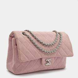 Pre Owned Chanel Light Pink Quilted Jersey Medium Classic Double Flap Bag